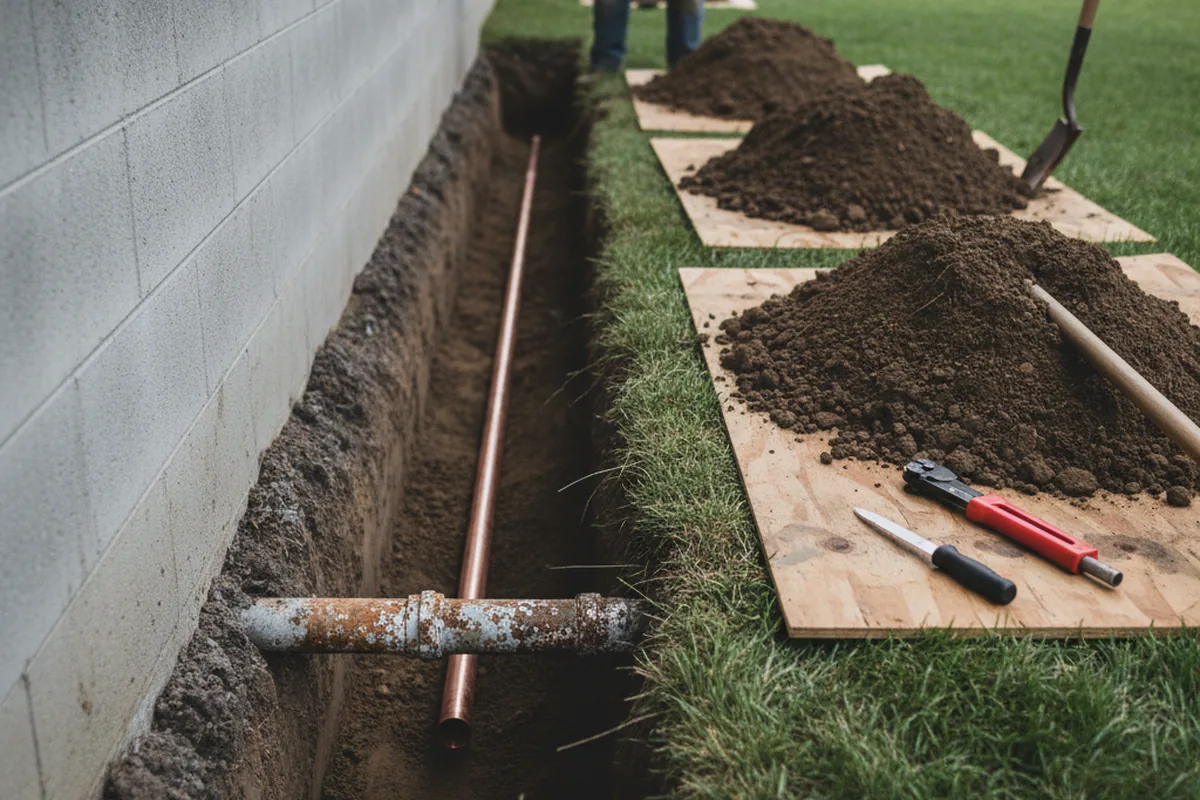 Excavated water line trench during Water Heater Repair in Oakland